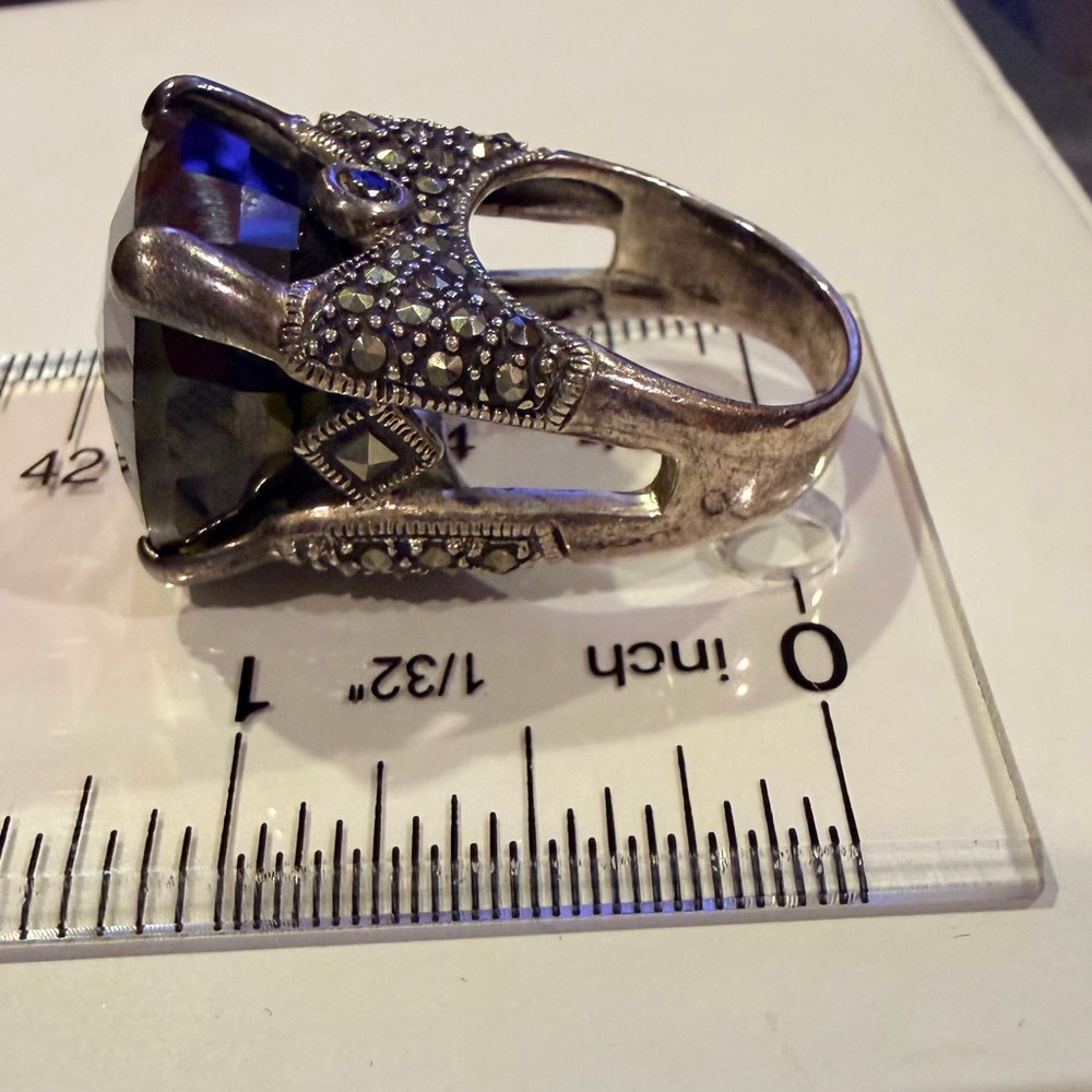 Sterling Silver Smoky Quartz Marcasite Statement Ring Art Deco Style - Picture 8 of 13